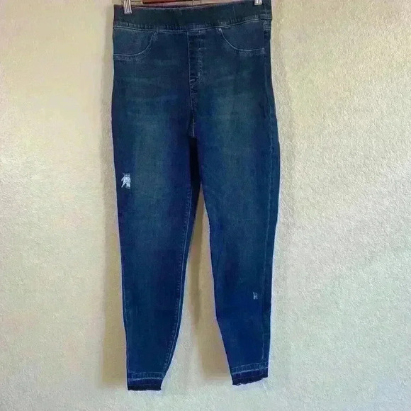Spanx pull-on High Rise Raw Hem light distressed Blue Jean Leggings Women Size M - Picture 1 of 9